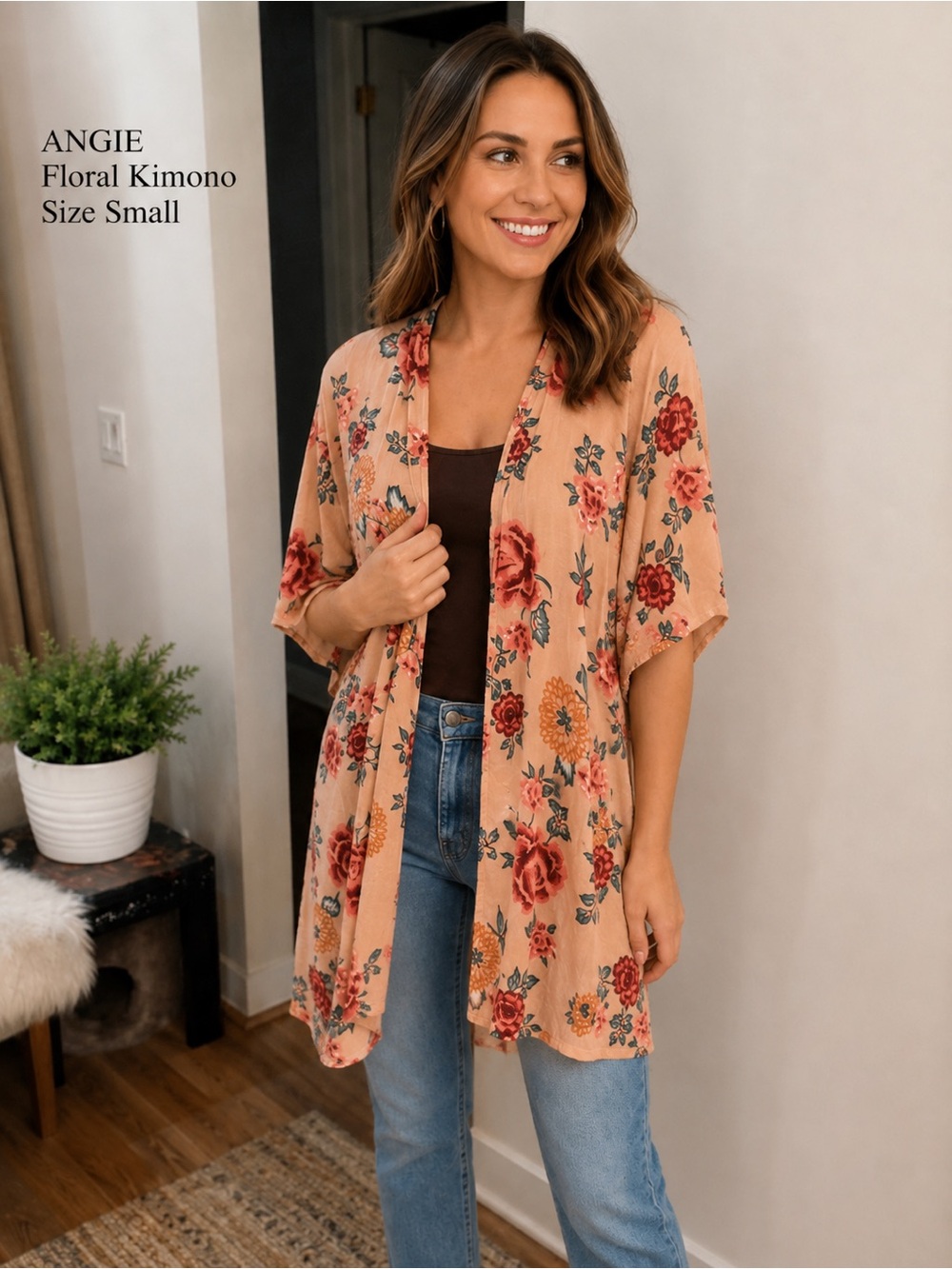ANGIE Floral Open Front Kimono Cover Up – Size Small